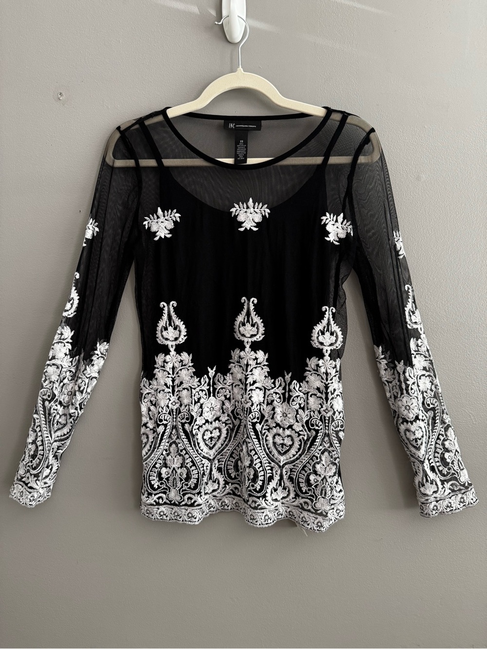 💥Last Chance!! 3 for $25!  INC Black Sheer Mesh Top with White Embroidery
